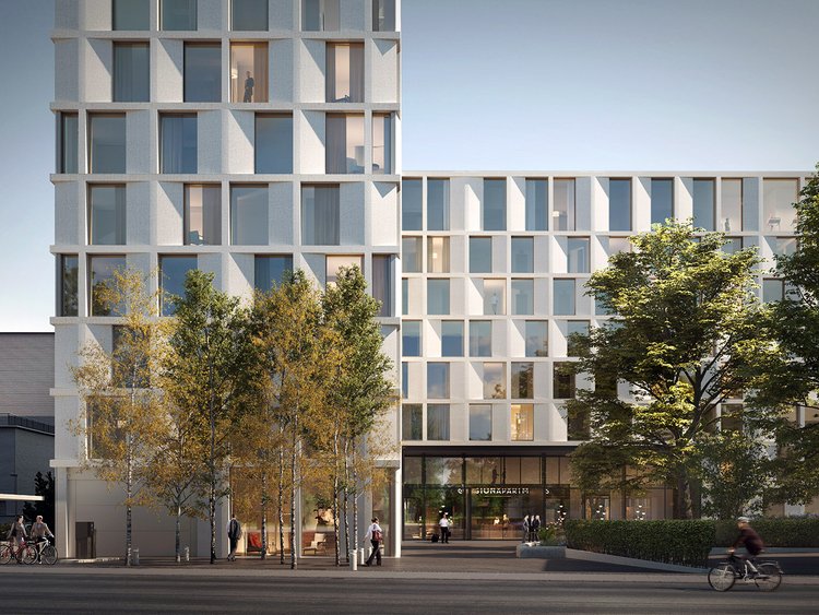 Visualisierung: modernes Gebäude mit heller Fassade und vielen Fenstern; Im Vordergrund vereinzelt Bäume und Personen