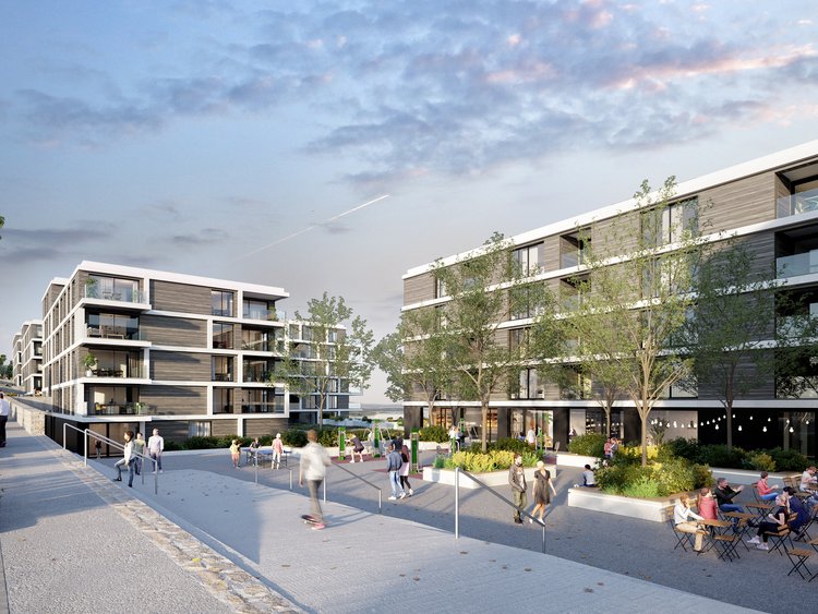Visualisierung: moderne Gebäude mit Fassade als Komposition aus Putz- und Fensterflächen; im Vordergrund ein Platz mit Bäumen und Personen