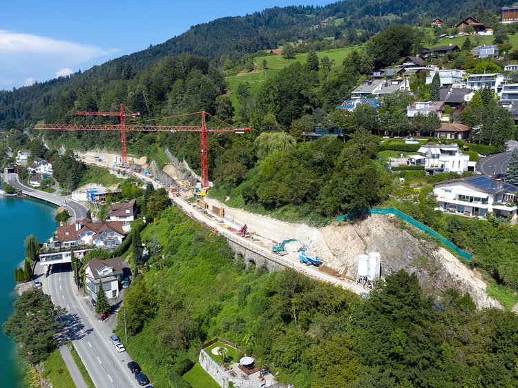 Photo: View of the double-track extension from afar along a slope surrounded by houses and landscape; at the foot of the hill of Lake Zug
