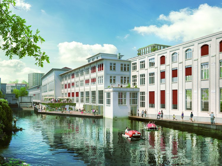 Visualisation: Renovated historic factory building with numerous high windows, a river in the foreground