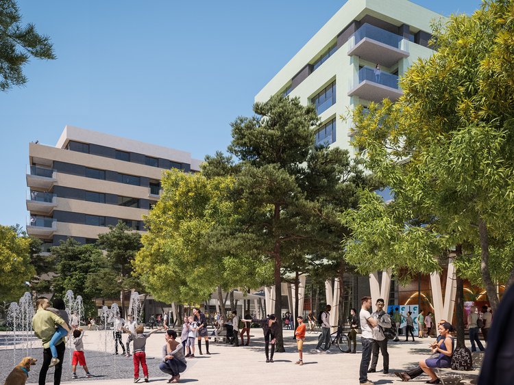 Visualisation: Two modern apartment buildings with bright facades and large window areas. Trees and people in the foreground.
